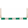 Lab Grown Emerald Gem set in 14 Karat Rose Gold and 0.20 Carat Diamond Bar 16 inch Necklace