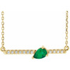 Lab Grown Emerald Gem set in 14 Karat Yellow Gold Lab Grown Lab Emerald and 0.10 Carat Diamond Bar 16 inch Necklace