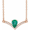 Lab Grown Emerald Gem set in 14 Karat Rose Gold and .06 Carat Diamond 18 inch Necklace