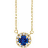 Created Sapphire Necklace in 14 Karat Yellow Gold 3 mm Round Lab Sapphire and .03 Carat Diamond 16 inch Necklace