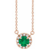Created Emerald Necklace in 14 Karat Rose Gold 3 mm Round Cut and .03 Carat Diamond 16 inch Necklace