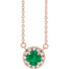 Created Emerald Necklace in 14 Karat Rose Gold 3 mm Round Cut and .03 Carat Diamond 18 inch Necklace