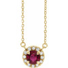 Created Ruby Necklace in 14 Karat Yellow Gold 4 mm Round Lab Ruby and.06 Carat Diamond 18 inch Necklace