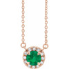 Created Emerald Necklace in 14 Karat Rose Gold 4 mm Round Cut and .06 Carat Diamond 16 inch Necklace