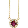 Created Ruby Necklace in 14 Karat Yellow Gold 4.5 mm Round Lab Ruby and.06 Carat Diamond 16 inch Necklace