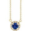 Created Sapphire Necklace in 14 Karat Yellow Gold 4.5 mm Round Lab Sapphire and .06 Carat Diamond 18 inch Necklace
