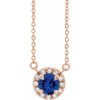 Created Sapphire Necklace in 14 Karat Rose Gold 4.5 mm Round Lab Sapphire and .06 Carat Diamond 16 inch Necklace