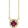 Created Ruby Necklace in 14 Karat Yellow Gold 5 mm Round Lab Ruby and 0.12 Carat Diamond 16 inch Necklace