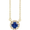 Created Sapphire Necklace in 14 Karat Yellow Gold 5 mm Round Lab Sapphire and 0.12 Carat Diamond 18 inch Necklace