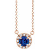 Created Sapphire Necklace in 14 Karat Rose Gold 5 mm Round Lab Sapphire and 0.12 Carat Diamond 16 inch Necklace