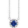 Lab Sapphire Gem in Sterling Silver 5 mm Round Lab  Sapphire and 0.12 Carat Diamond 16 inch Necklace