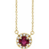 Created Ruby Necklace in 14 Karat Yellow Gold 5.5 mm Round Lab Ruby and 0.12 Carat Diamond 16 inch Necklace