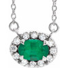 Lab Grown Emerald Gem set in 14 Karat White Gold 6x4 mm Oval Cut and 0.10 Carat Diamond 16 inch Necklace