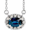Created Sapphire Necklace in 14 Karat White Gold 6x4 mm Oval Lab Sapphire and 0.10 Carat Diamond 18 inch Necklace