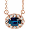 Created Sapphire Necklace in 14 Karat Rose Gold 6x4 mm Oval Lab Sapphire and 0.10 Carat Diamond 16 inch Necklace