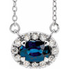 Created Sapphire Necklace in 14 Karat White Gold 7x5 mm Oval Lab Sapphire and 0.16 Carat Diamond 18 inch Necklace