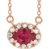 Lab Ruby Gem in 14 Karat Rose Gold 7x5 mm Oval Lab Ruby and 0.16 Carat Diamond 18 inch Necklace