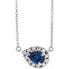 Created Sapphire Necklace in 14 Karat White Gold 5x3 mm Pear Lab Sapphire and 0.12 Carat Diamond 18 inch Necklace