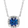 Created Sapphire Necklace in 14 Karat White Gold 3.5x3.5 mm Square Lab Sapphire and .05 Carat Diamond 16 inch Necklace