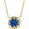 Created Sapphire Necklace in 14 Karat Yellow Gold 3.5x3.5 mm Square Lab Sapphire and .05 Carat Diamond 18 inch Necklace