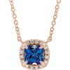Created Sapphire Necklace in 14 Karat Rose Gold 4 mm Square Lab Sapphire and .05 Carat Diamond 18 inch Necklace