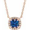 Created Sapphire Necklace in 14 Karat Rose Gold 4 mm Square Lab Sapphire and .05 Carat Diamond 16 inch Necklace