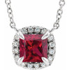 Created Ruby Necklace in Platinum 4 mm Square Lab Ruby and .05 Carat Diamond 18 inch Necklace