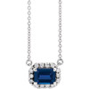 Created Sapphire Necklace in 14 Karat White Gold 5x3 mm Emerald Lab Sapphire and 0.12 Carat Diamond 18 inch Necklace