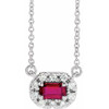 Lab Ruby Gem in 14 Karat White Gold 5x3 mm Emerald Lab Ruby and 0.12 Carat Diamond 18 inch Necklace