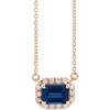 Created Sapphire Necklace in 14 Karat Rose Gold 6x4 mm Emerald Lab Sapphire and 0.20 Carat Diamond 16 inch Necklace