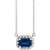 Created Sapphire Necklace in 14 Karat White Gold 7x5 mm Emerald Lab Sapphire and 0.20 Carat Diamond 16 inch Necklace