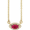 Created Ruby Necklace in 14 Karat Yellow Gold Lab Ruby and .05 Carat Diamond Halo Style 18 inch Necklace
