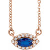 Created Sapphire Necklace in 14 Karat Rose Gold Lab Sapphire and .05 Carat Diamond Halo Style 18 inch Necklace