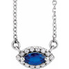 Lab Sapphire Gem in Platinum Lab  Sapphire and .05 Carat Diamond Halo Style 18 inch Necklace