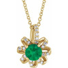 14 Karat Yellow Gold Lab Grown Emerald and .07 Carat Natural Diamond Halo Style 16 inch Necklace