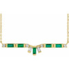 14 Karat Yellow Gold Natural Emerald and 0.20 Carat Natural Diamond Bar 18 inch Necklace