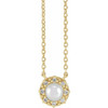 14 Karat Yellow Gold Cultured Akoya Pearl and .03 Carat Diamond Halo Style 16 inch Necklace