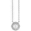 14 Karat White Gold Cultured Akoya Pearl and .03 Carat Diamond Halo Style 16 inch Necklace