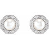 Sterling Silver Cultured White Akoya Pearl and .07 Carat Natural Diamond Halo Style Earrings