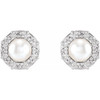 Platinum Cultured White Akoya Pearl and .07 Carat Natural Diamond Halo Style Earrings