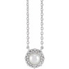 14 Karat White Gold Cultured Akoya Pearl and .03 Carat Diamond Halo Style 18 inch Necklace