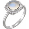 Platinum Natural Rainbow Moonstone and 00.17 Carat Natural Diamond Halo Style Ring