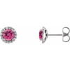 Pink Tourmaline Halo Earrings in Platinum Pink Tourmaline and 0.16 Carat Diamonds