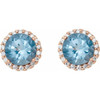 Round Cut Aquamarine Gems Set in 14 Karat Rose Gold and 0.16 Carat Diamond Earrings