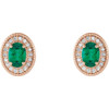 Genuine Emerald Earrings in 14 Karat Rose Gold Emerald and 0.20 Carat Diamond Halo Earrings