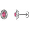 Sterling Silver Oval Pink Tourmaline and 0.20 Carat Diamond Halo Earrings