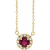 Lab Ruby Necklace in 14 Karat Yellow Gold 3 mm Round Lab Ruby and.03 Carat Diamond 18 inch Pendant