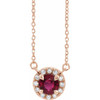 Lab Ruby Necklace in 14 Karat Rose Gold 3 mm Round Lab Ruby and.03 Carat Diamond 18 inch Pendant