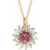 14 Karat Yellow Gold Natural Pink Tourmaline and 0.60 Carat Natural Diamond Halo 16 inch Pendant