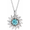 Sterling Silver Natural Blue Blue Zircon and 0.60 Carat Natural Diamond Halo 16 inch Pendant